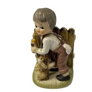 Unmarked Ceramic Figure Boy Washing Fence with Dog 4.5 Inches Tall